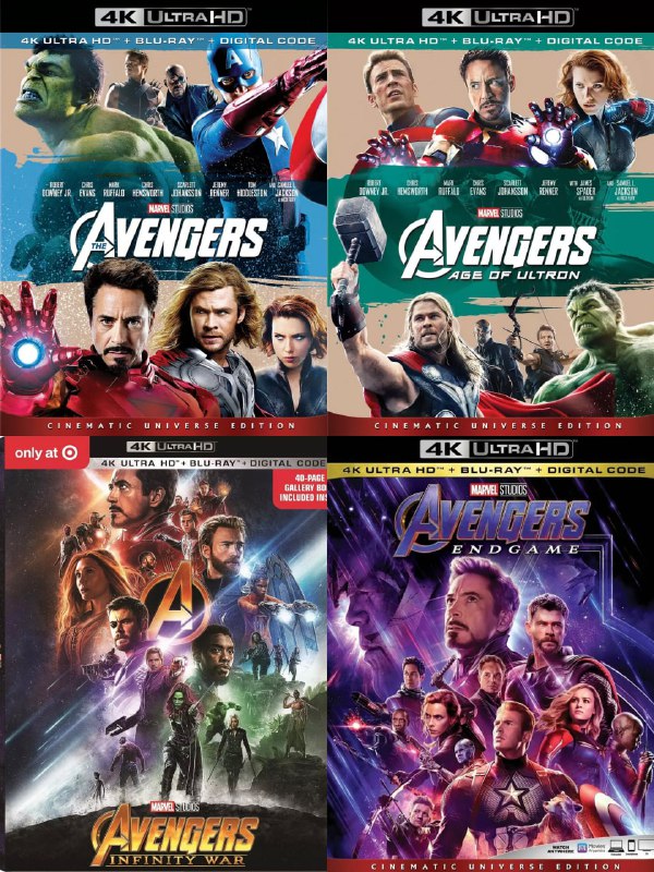 名称：《复仇者联盟》四部曲合集 蓝光原盘REUX [国英双语] [内封中英特效字幕]描述：影片列表：【SGNB-091】《复仇者联盟 (2012)》4K 蓝光原盘REMUX [国英双语] [内封中英特效字幕]【SGNB-087】《复仇者联盟2：奥创纪元 (2015)》4K 蓝光原盘REMUX [国英双语] [内封中英特效字幕]【SGNB-050】《复仇者联盟3：无限战争 (2018)》4K 蓝光原盘REMUX [国英双语] [内封中英特效字幕]【SGNB-100】《复仇者联盟4：终局之战 (2019)》4K 蓝光原盘REMUX [国英双语] [内封中英特效字幕]链接：