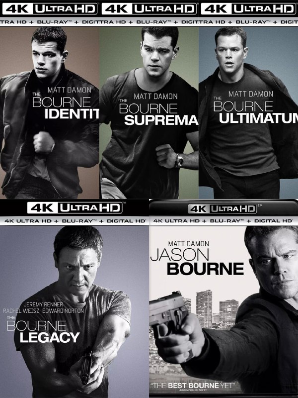 名称：《谍影重重》五部曲合集 蓝光原盘REMUX [国英双语] [内封特效字幕]描述：影片列表：【SGNB-170】《谍影重重 (2002)》4K 蓝光原盘REMUX [国英双语] [上译+央配+台配三国配] [内封中英特效字幕]【SGNB-171】《谍影重重2 (2004)》4K 蓝光原盘REMUX [国英双语] [长译+上译双国配] [内封中英特效字幕]【SGNB-172】《谍影重重3 (2007)》4K 蓝光原盘REMUX [国英双语] [长译+上译双国配] [内封中英特效字幕]【SGNB-308】《谍影重重4 (2012)》4K 蓝光原盘REMUX [国粤英三语] [公映+台配双国配] [内封中英特效字幕]【SGNB-011】《谍影重重5 (2016)》4K 蓝光原盘REMUX [国英双语] [内封中英特效字幕]链接：