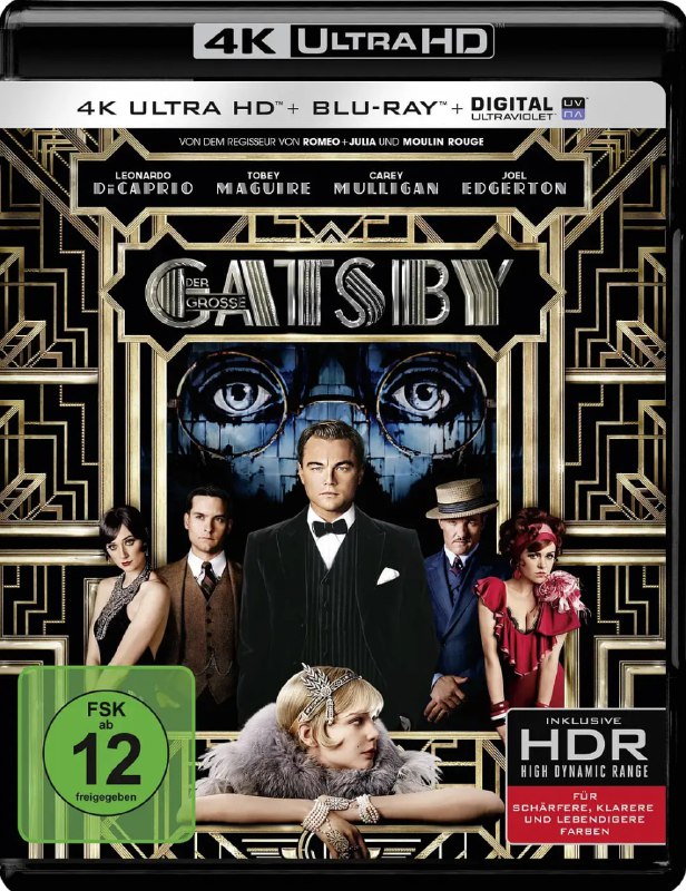名称：《了不起的盖茨比》欧版 4K 原盘REMUX [国英双语] [内封中英特效字幕]描述：1922年的春天，作家尼克(托比•马奎尔 Tobey Maguire 饰)满怀希望离开家乡，随淘金热潮来到纽约这个新兴的城市，虽然这里爵士乐流行，股票飞涨，但是贫富两极分化，人们沉沦在纸醉金迷中