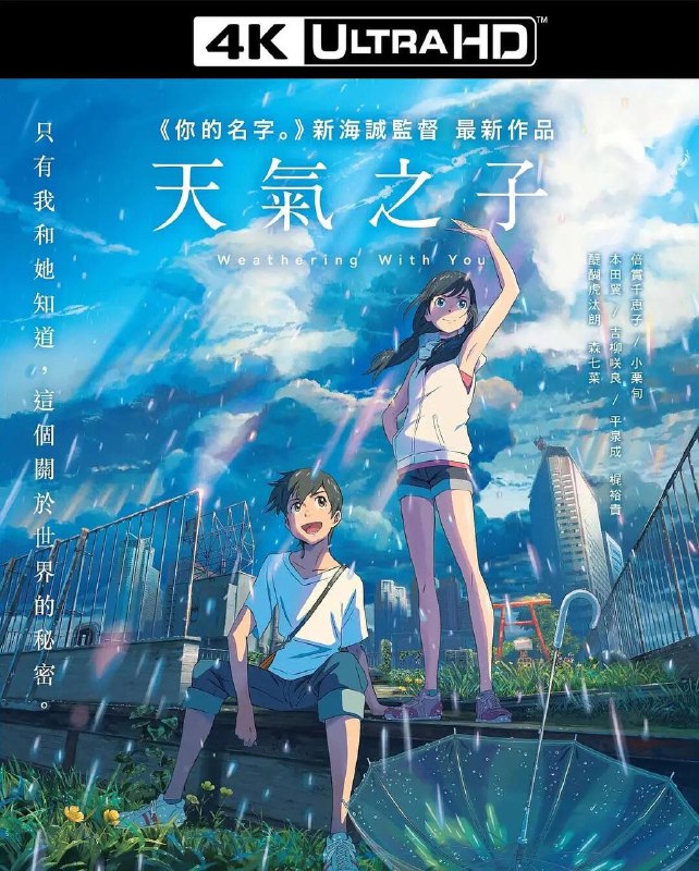 名称：《天气之子》4K 杜比视界 REMUX原盘 中日双音 内封特效字幕描述：高一那年夏天，帆高（醍醐虎汰朗配音）离开位在离岛的家乡，独自一人来到东京，拮据的生活迫使他不得不找份工作，最后来到一间专门出版奇怪超自然刊物的出版社担任写手
