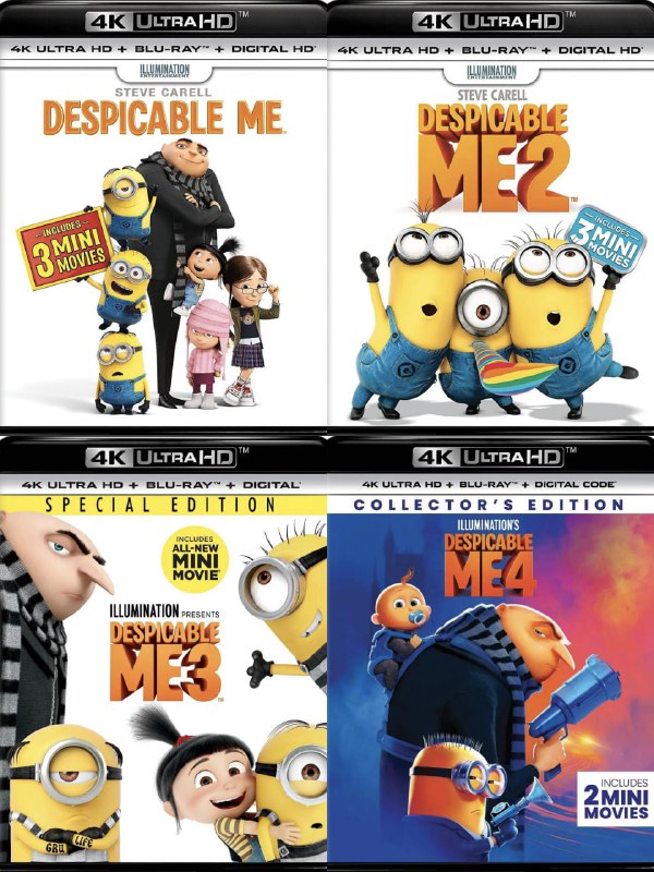 名称：《神偷奶爸》四部曲合集 蓝光原盘REMUX [国英双语] [内封特效字幕]描述：《神偷奶爸》系列片的主角是格鲁，一个超级恶棍（后来成为一个父亲和超级英雄）与他的小黄人，还有他的三个养女玛戈、伊迪丝和艾格尼丝的故事