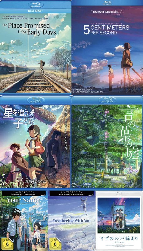 名称：《新海诚导演合集》七部曲 蓝光原盘REMUX [国粤日三语] [内封特效字幕] [仅含长篇作品/短片未收录]描述：新海诚用细腻的笔触描绘了七个关于距离、思念与成长的动人故事：从《星之声》中跨越星际的苦涩爱恋，到《云之彼端》里少年们对约定之地的执着追寻；《秒速5厘米》以樱花为喻，道尽时光中的错过与遗憾；《追逐繁星的孩子》则在奇幻冒险中探讨生死与告别的真谛