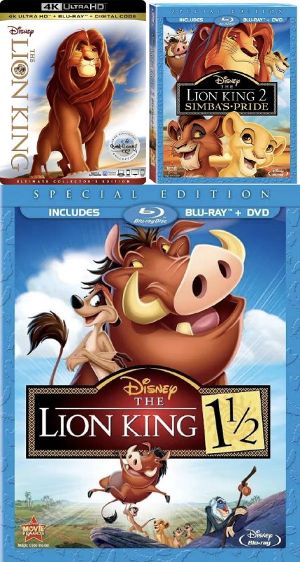 名称：《狮子王》三部曲合集 蓝光原盘REMUX [动画版] [国英双语] [内封特效字幕]描述：这部电影系列主要讲述了一群狮子的骄傲，它们将大片非洲大草原视为自己的“王国”，被称为“骄傲之地”，而它们的领袖辛巴则以“国王”的身份守护着它